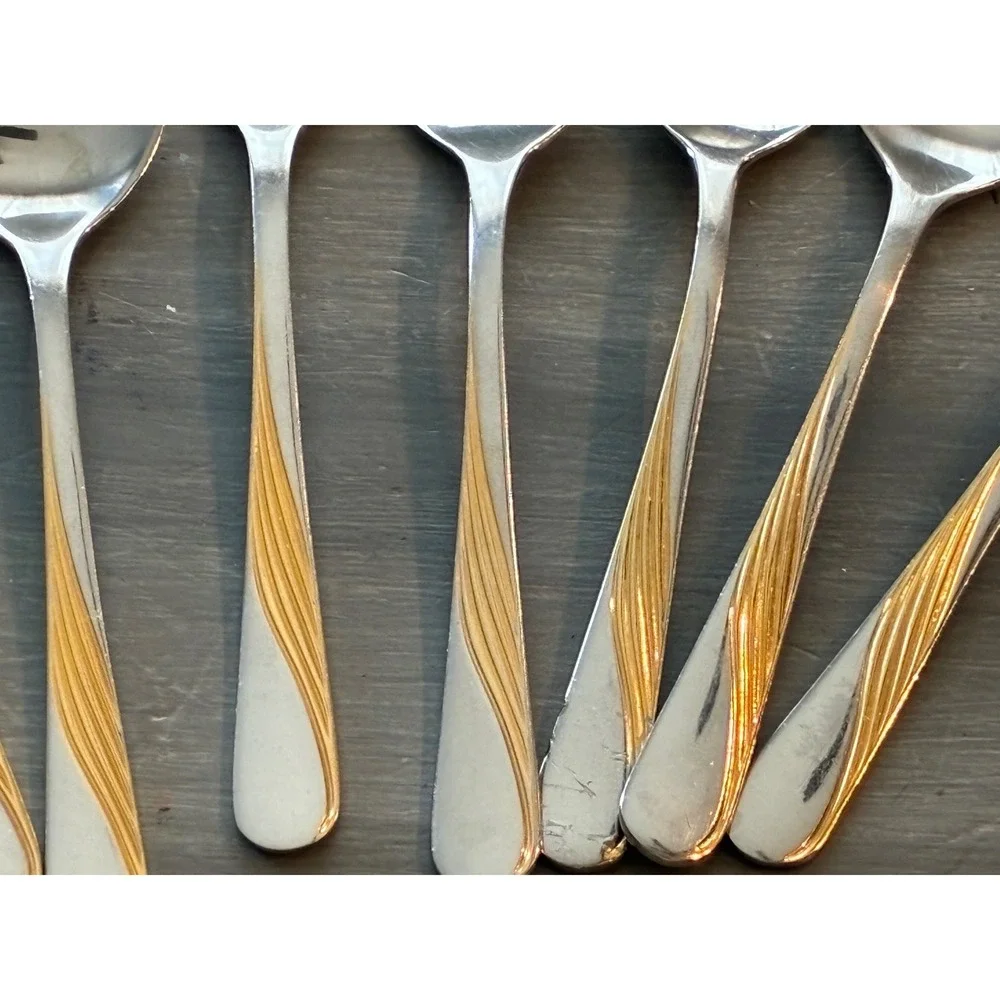 Mirella 18/10 Stainless Steel Gold Swirl Teaspoons and Sugar Spoon Set of 8